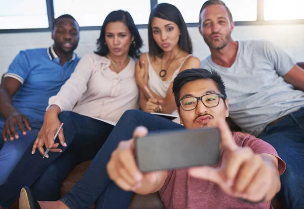 Putting Selfie Faces Happy Group Creative Colleagues Posing Selfie Together — Stock Fotó