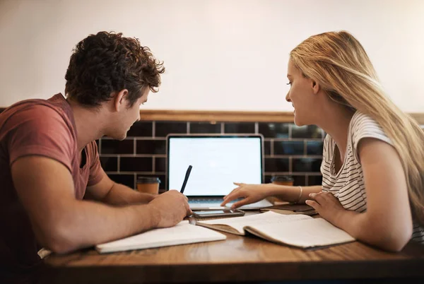 Using Online Study Resources Two Happy Young Students Having Study — Fotografia de Stock