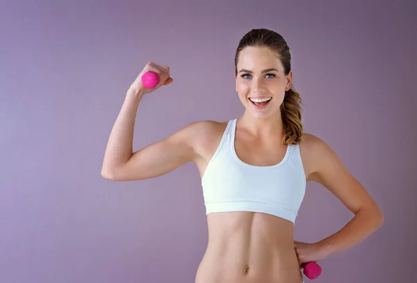 Lift Weights Lose Weight Studio Shot Healthy Young Woman Holding — ストック写真