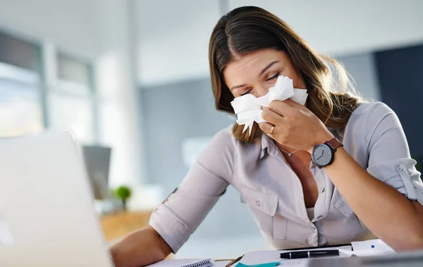 Having Blow Nose All Time Distracting Businesswoman Working Her Office — Stock fotografie