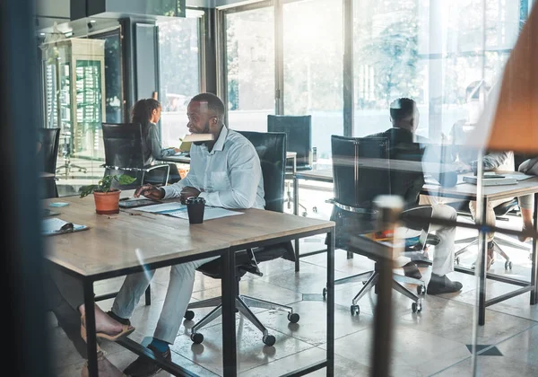 Business Office Work Man Sitting His Desk Glass Building Working — Stock fotografie