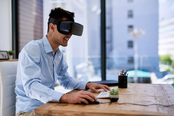 Immersed Virtual World Happy Young Businessman Wearing Virtual Reality Headset — Stok fotoğraf