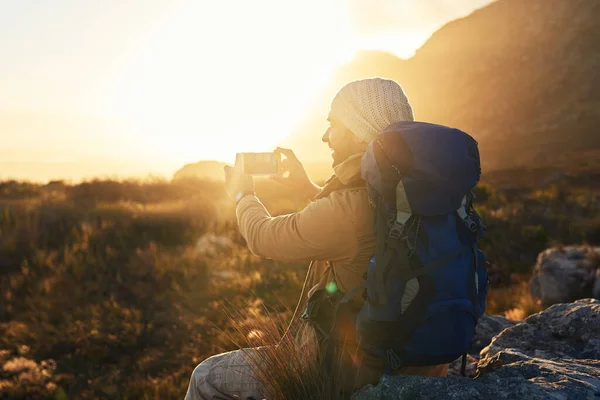 Perfect Morning Capture View Hiker Top Mountain Capturing Pictures View — Fotografia de Stock