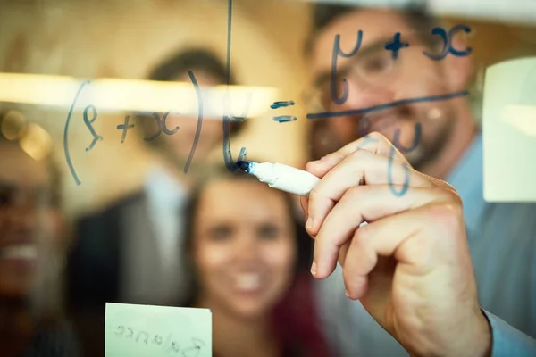 Every Idea Has Beginning Coworkers Using Sticky Notes Glass Wall — Fotografia de Stock