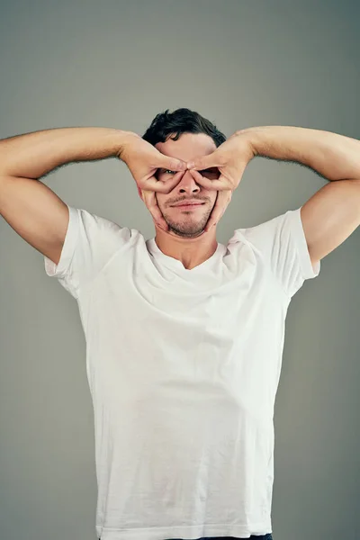 Love Making Funny Faces Studio Shot Casual Young Man Posing — Stockfoto