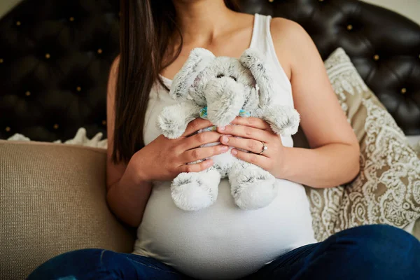 Playtime Starts Her Due Date Unidentifiable Pregnant Woman Holding Stuffed — Foto Stock