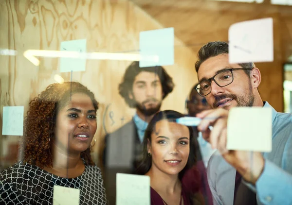 Achieve Our Goal Keep Working Together Coworkers Using Sticky Notes — Stock fotografie