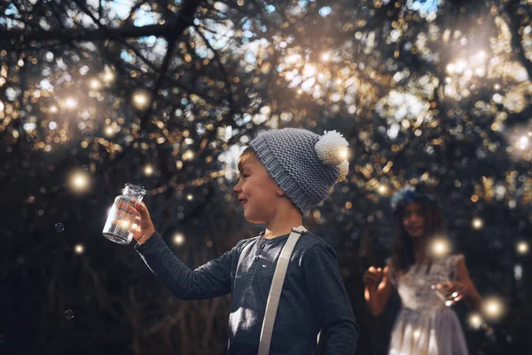 Lighting Sky Imaginations Two Little Siblings Catching Fireflies Jars — Photo