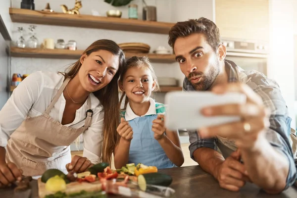 Funny Faces Kitchen Happy Young Family Posing Selfie While Cooking — Stock Fotó