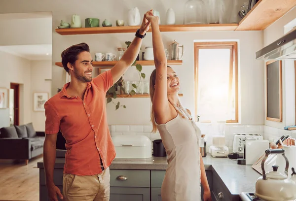 Happy Dancing Loving Couple Bonding Having Fun While Spending Time — Foto Stock