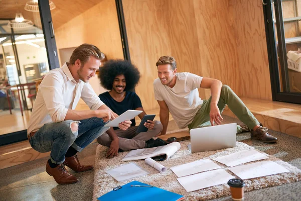 Combining Skills Know How Reach Success Team Designers Brainstorming Floor — Stock Fotó