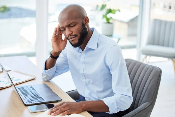 Burnout Headache Stressed Businessman Working Laptop Problem Bad Mental Health — Fotografia de Stock