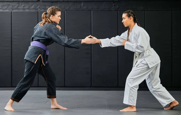 Karate Training Handshake Exercise Female Sport Students Start Training Student — Stockfoto