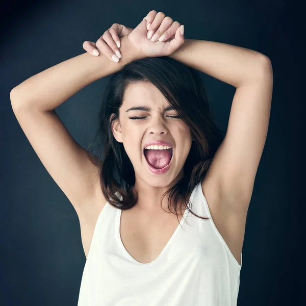 Embrace Your Own Uniqueness Beautiful Young Woman Shouting Dark Background — ストック写真