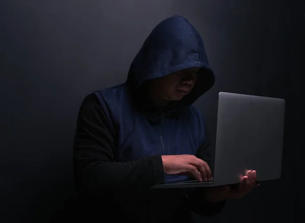 Hackers Masters Stealth Unrecognisable Hacker Using Laptop Dark Background — Foto de Stock