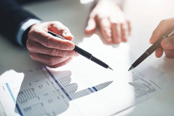 Success Details Two Unrecognizable Businessmen Discussing Paperwork Table Boardroom — Zdjęcie stockowe