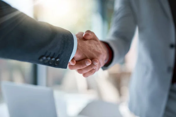 Welcome Company Two Unrecognizable Businessmen Shaking Hands Making Deal Office — Stok fotoğraf