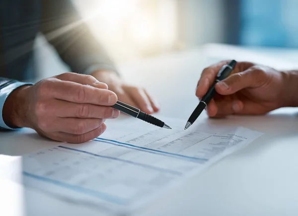 Everything Detail Accounted Two Unrecognizable Businessmen Discussing Paperwork Table Boardroom — Stock fotografie