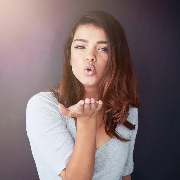 Sending Kiss Your Way Cropped Portrait Beautiful Young Woman Blowing — Stock Fotó