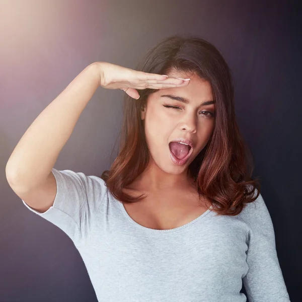 Aye Aye Captain Cropped Portrait Beautiful Young Woman Giving Salute — Stockfoto