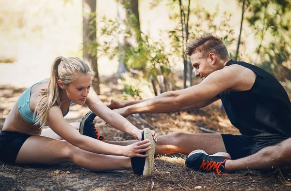 Couples Train Together Remain Together Young Couple Stretching Together Outdoors — 图库照片