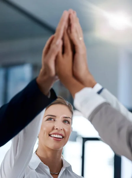 Heres Future Success Motivated Work Colleagues Smiling Celebrating High Five — Stockfoto