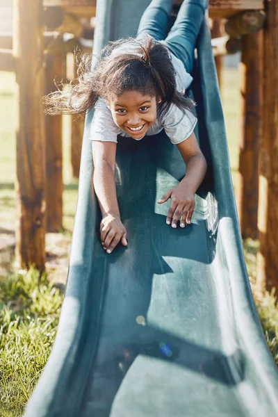 Make Way Land Portrait Adorable Little Girl Playing Slide Park — ストック写真