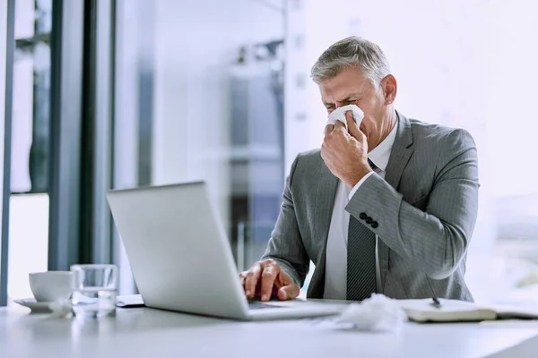 Maybe Should Some Research Flu Sick Businessman Blowing His Nose — Stock Photo, Image