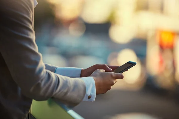 Businessman Hands Typing Phone Outdoors Communication Reading Texting Online Urban — Stockfoto