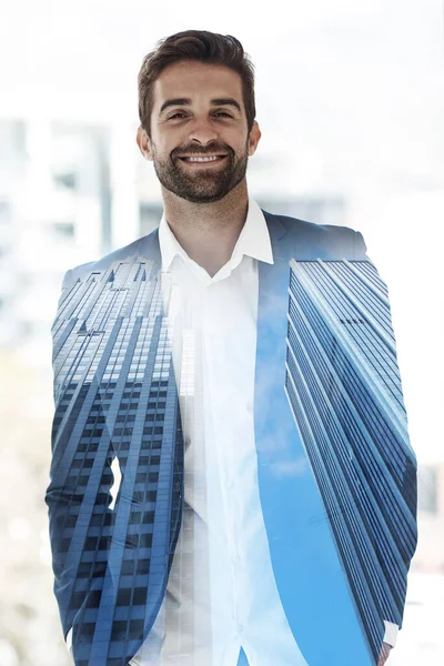 Hes Smooth Operator Cropped Portrait Handsome Young Businessman Superimposed Cityscape — Fotografia de Stock
