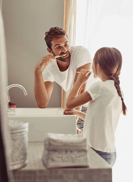 Keeping Our Pearly Whites Clean Bright Happy Father His Little — Foto de Stock