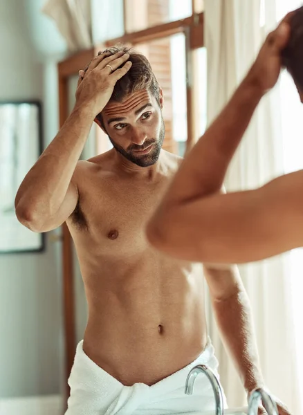 Takes Hard Work Look Casual Shirtless Man Checking Out His — Stockfoto
