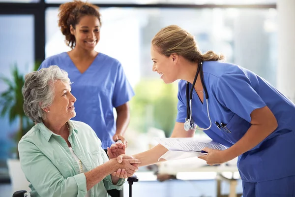 Lets Get You Admitted Doctor Holding Medical Records Shaking Hands — Foto de Stock
