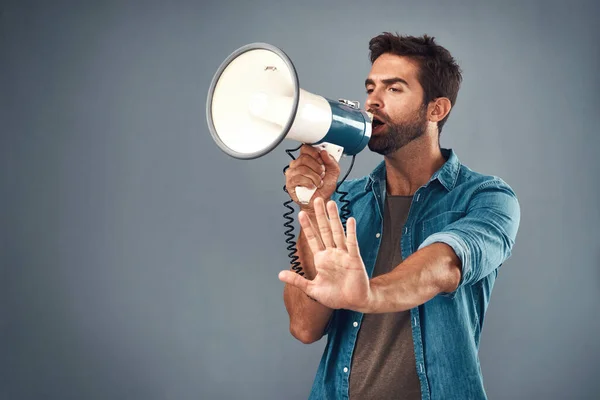 Give Your Cause Voice Studio Shot Handsome Young Man Using — Stockfoto