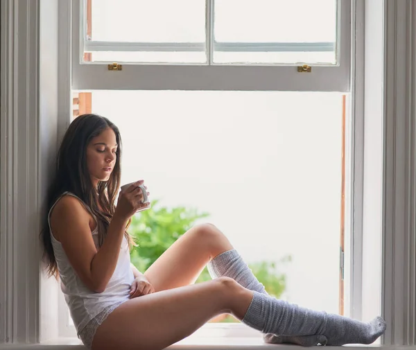 Hot Steamy Just How Sexy Young Woman Drinking Coffee While —  Fotos de Stock