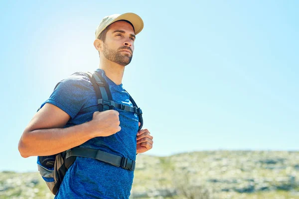 Setting Reach Greater Heights Young Man Out Hike — Stockfoto