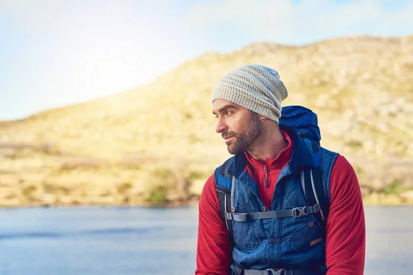 Fresh Air Helps Him Clear His Mind Thoughtful Hiker Admiring — ストック写真