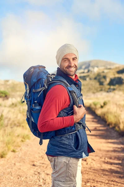 Trail Isnt Going Explore Itself Portrait Happy Hiker Out Mountain — Stock fotografie