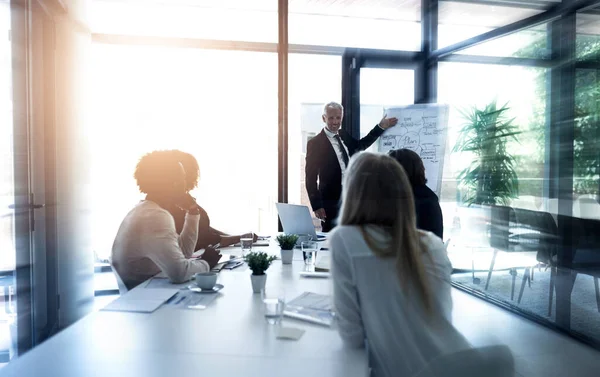 Guiding His Team Success Mature Businessman Giving Presentation Colleagues Boardroom — Fotografia de Stock