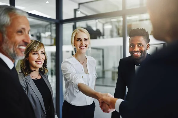 Well Doubt Work Very Well Together Businesspeople Shaking Hands Office — Stockfoto