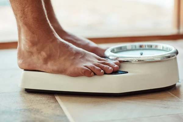 Hoping See Magic Number Unidentifiable Man Standing Bathroom Scale — Stockfoto
