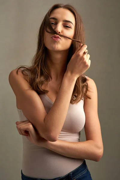 Check Out Moustache Studio Portrait Attractive Young Woman Making Moustache — Fotografia de Stock