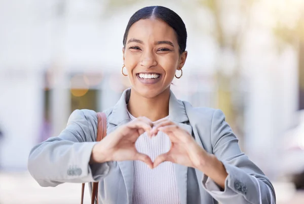 Love Heart Happy Hand Sign Young Female Smile Positive Mindset — Stock fotografie