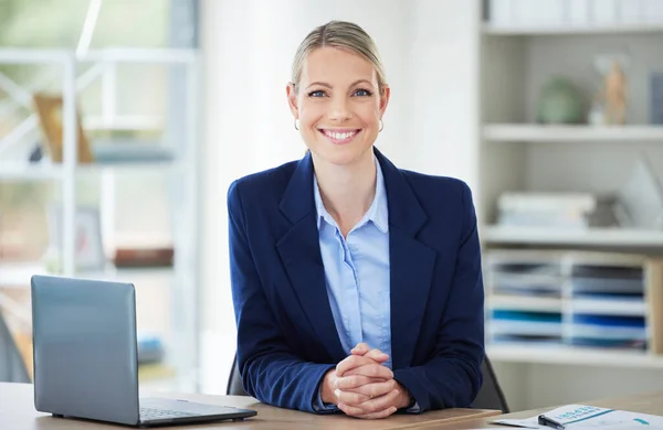 Smile, happy and proud business woman, entrepreneur and leader working in a corporate office. Portrait of a accounts executive, hr manager and administrator in a startup agency with happiness at work.