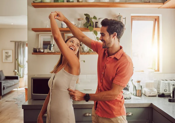 Joyful Dancing Loving Couple Bonding Having Fun Kitchen Together Home — Fotografia de Stock