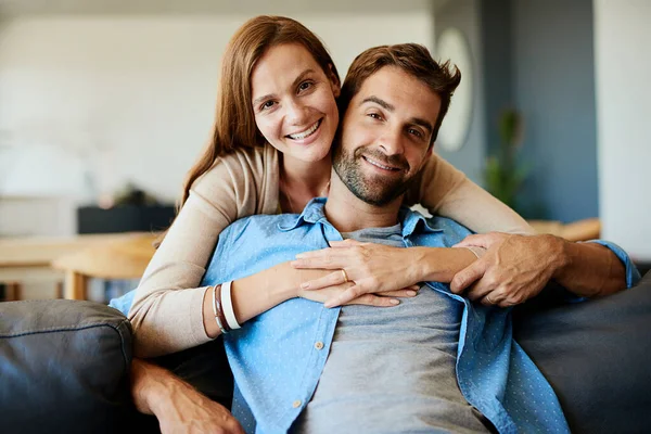 Found Love Cropped Portrait Affectionate Young Couple Relaxing Sofa Home — Fotografia de Stock