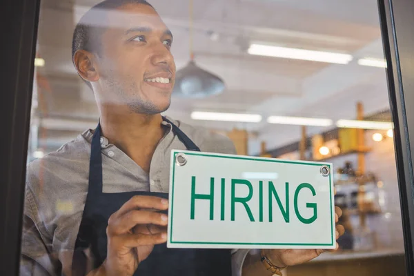 Recruitment Advertising Small Business Owner Hiring Sign Board Window Door — Fotografia de Stock