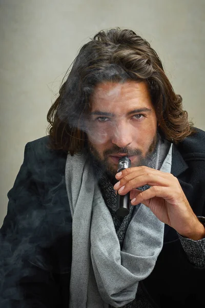 Cutting Back Nicotine Intake Stylishly Dressed Man Smoking Electronic Cigarette — 图库照片