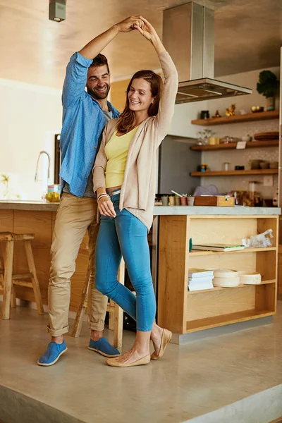 Dancing Joyfully Full Length Shot Affectionate Young Couple Dancing Kitchen — Fotografia de Stock