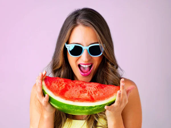 Take Life Melons Studio Shot Beautiful Woman Holding Watermelon Pink — Fotografia de Stock